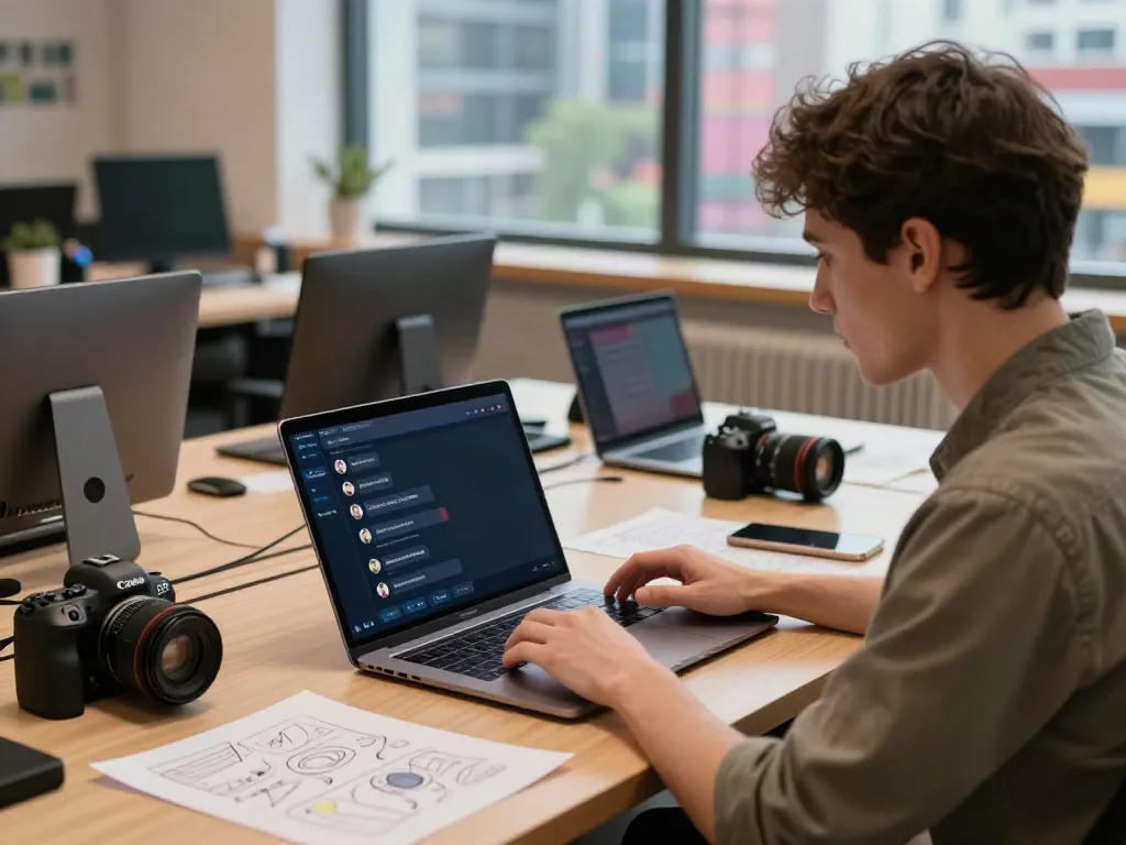 Engaging with uncensored AI chat on a laptop in a modern co-working space, surrounded by tech gadgets and vibrant city view.