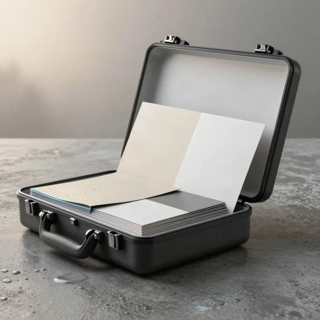 Coffret de charte identitaire ouvert, échantillons et carte de marque sous pluie fine.