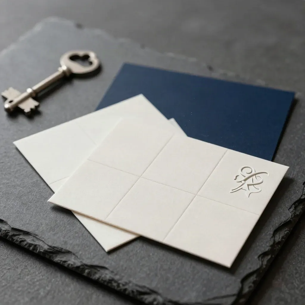 Deck d’identité logo avec tuiles vierges, emblème découpé et épreuves papier sur dalle sombre.