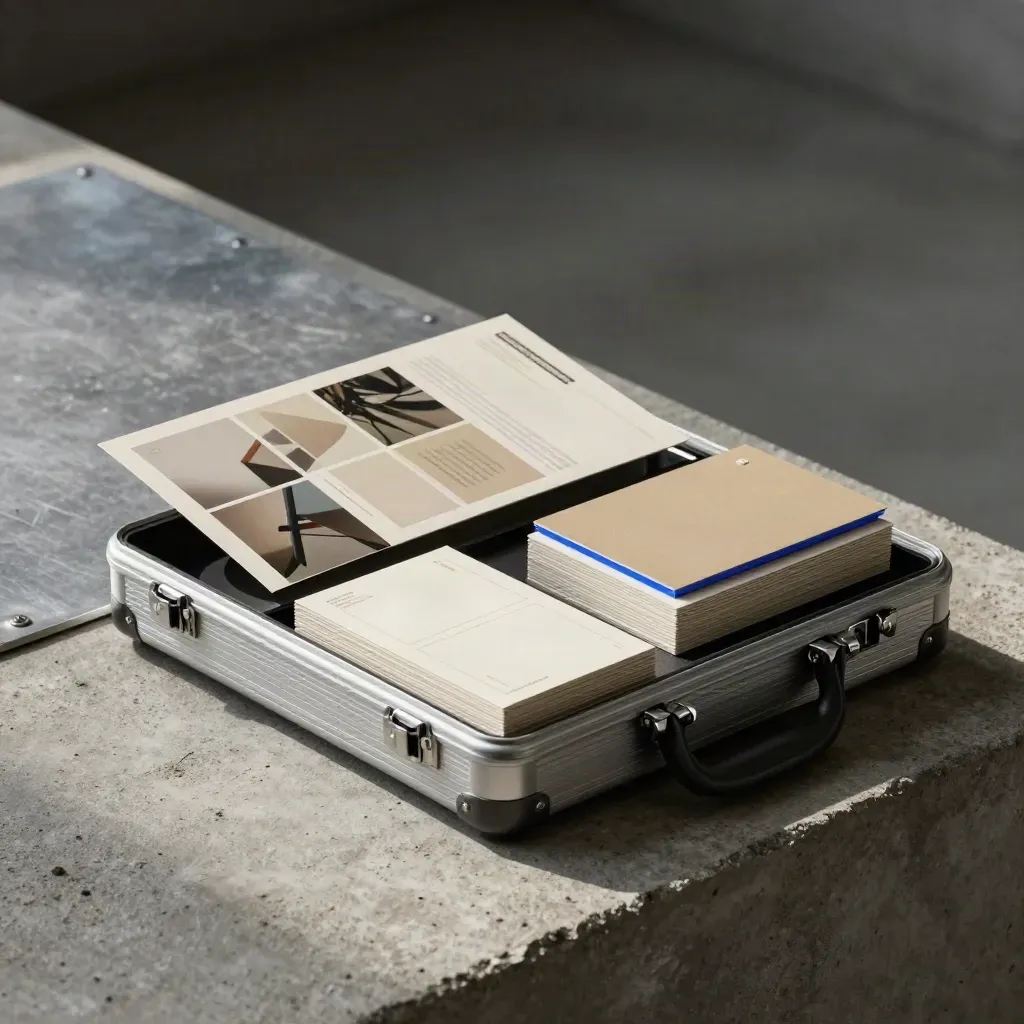 Valise rigide ouverte avec kit de lancement sur fond de béton et métal.