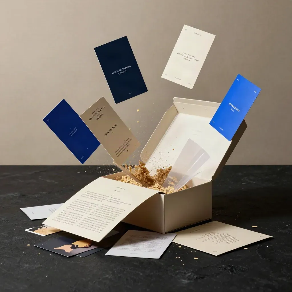 Coffret de lancement ouvert avec cartes graphiques et éclats bleu électrique sur fond noir.