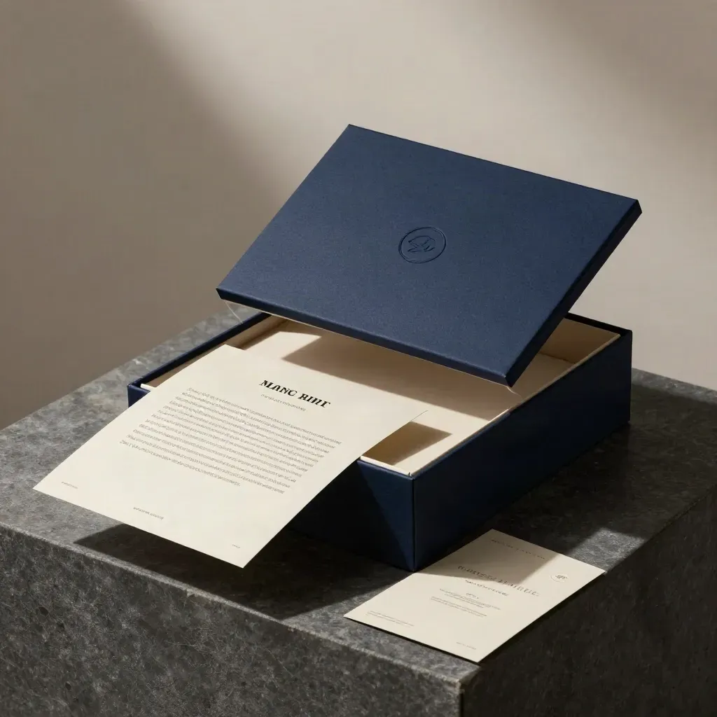 Coffret bicolore premium avec maquette de site et carte pliée, sur fond sombre élégant.
