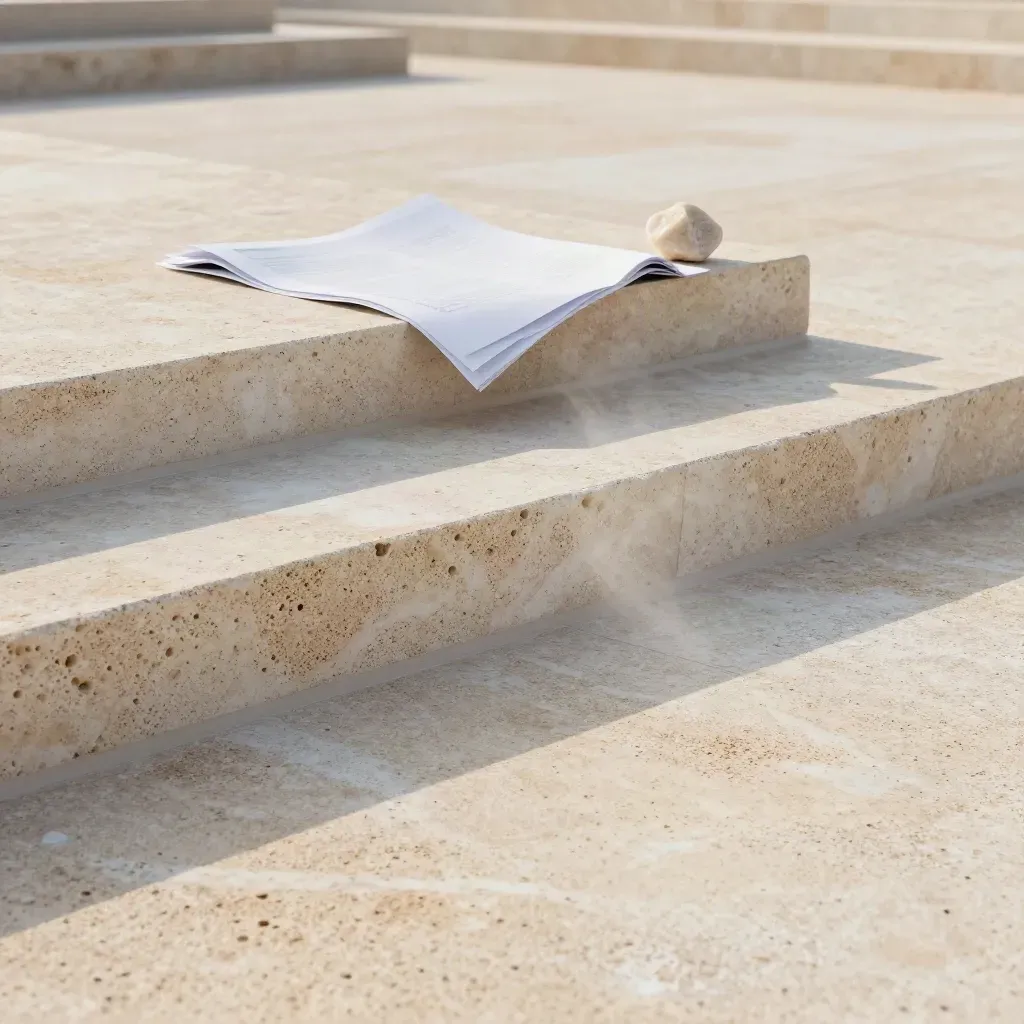 Terrasse de travertin clair avec papier plié et bloc minéral sous la lumière du matin.